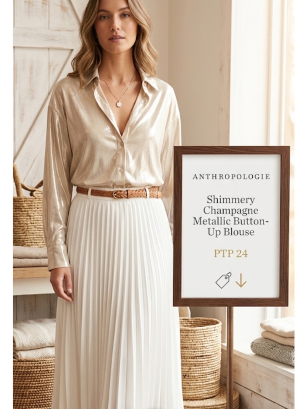 Anthropologie Shimmery Champagne Metallic Button-Up Blouse ptp 24